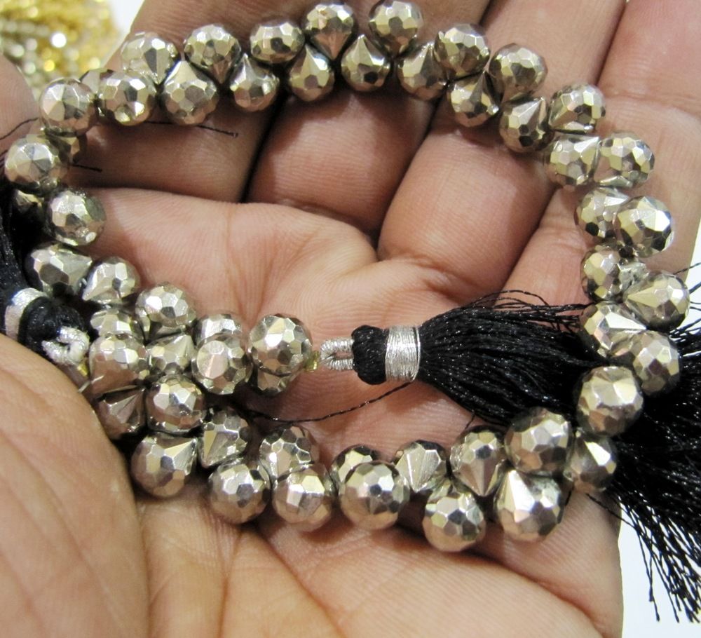 Natural Silver Pyrite Onion Shape 7-8mm Gemstone Beads Strand 8 inch Long