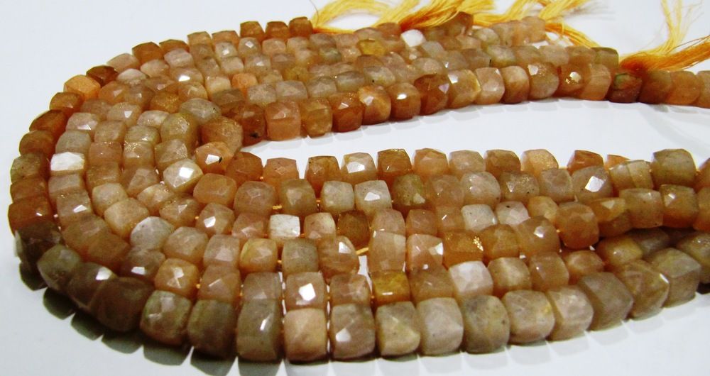 Peach Moonstone 3D Box Faceted Cube Shape 6 to 7mm Sold Per Strand 8'' Long