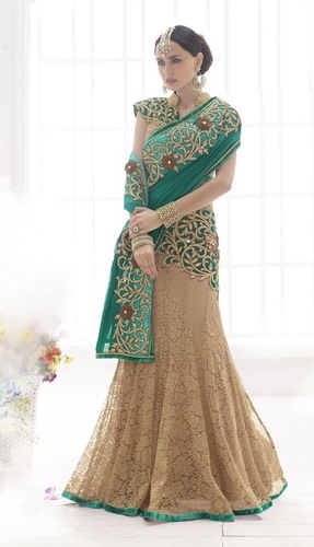 Designer Lahenga Sarees - Net Silk, Custom Size, Beige Green | Elegant Design, Handcrafted Zari Stone Embroidery, Comfortable Fit