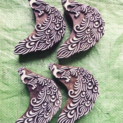 Handcarved Peacock Wooden Printing Stamps For Printing On Fabric