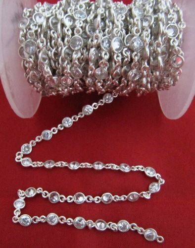 92.5% Sterling Silver White Round Cubic Zirconia 4mm bezel Chain Sold Per Feet