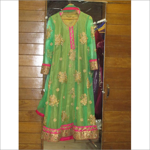 Anarkali Suit - Net Material, Customizable Size, Green | Front Zipper, Floral Embroidery, Elegant Design, Comfortable Fit