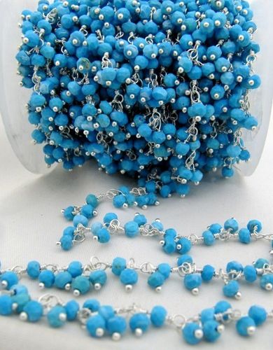 Natural Turquoise Rondelle Faceted Beaded 3-4mm Bead Rosary Chain Sold Per Foot