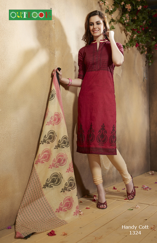 Red And Cream Designer Dress Material 