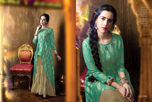 Sea Green And Cream Woman Wear Kurtis