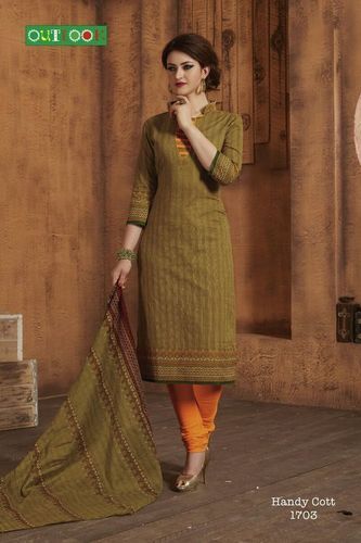 Olive Green And Orange Cotton Cameric Kurti