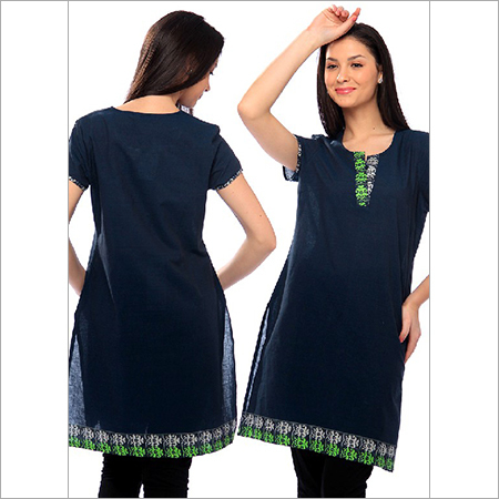 Designer Silk Kurtis - Cotton Material, Size L/M/S/XL, Blue Color | Graceful Appearance, Outstanding Thread Work, Exclusive Neckline Design
