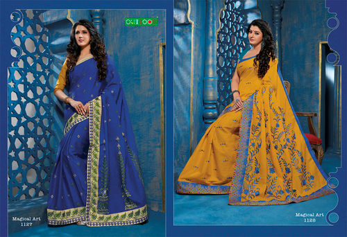 Yellow And Blue Unique Party Wear Designer Sarees Collection