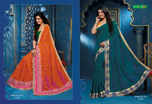 Sea Green And Orange Sarees Delightful Casual Wear