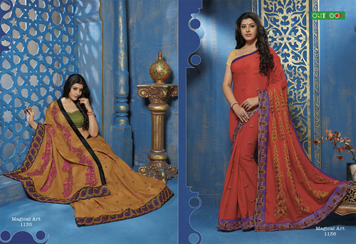 Yellow And Red Georges Stylish Saree