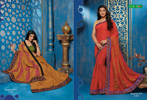 Yellow And Red Georges Stylish Saree