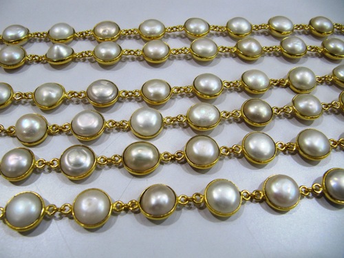 Natural Pearl Round Cabochon connector Chain