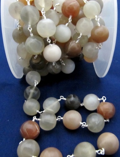 3- Feet Natural Multi Moonstone Round Plain Smooth 7mm Beaded Rosary Chain