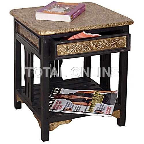 Wooden Side Table With Brass Fitting and Drawer