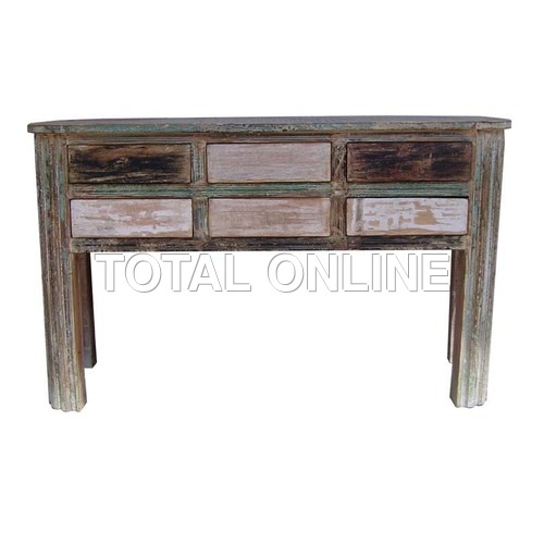 Exquisite Side Table With Carvings - Recycled Wood, 57x19x35 Inches, Gray | Ethnic Style, Multiple Drawers, Distressed Finish
