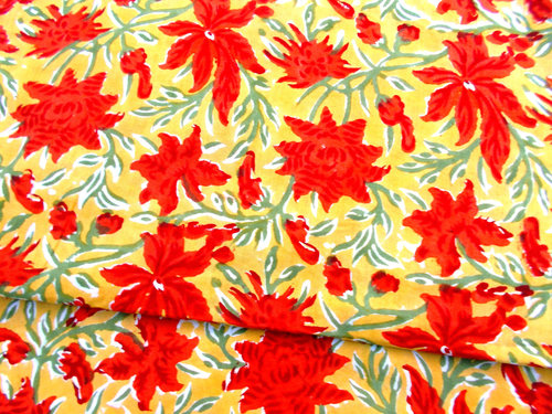 5 YARDS RED YELLOW FLOWER PRINTED HAND BLOCK PRINTED HANDMADE 100% COTTON FABRIC