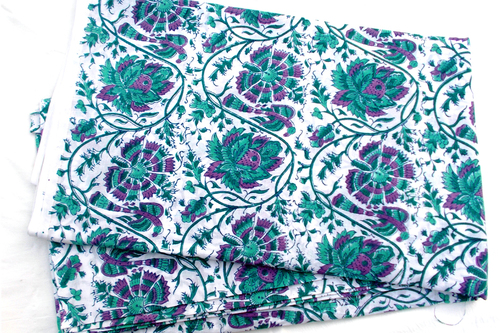 5 YARDS PINK GREEN FLORAL HAND BLOCK PRINTED HANDMADE 100% COTTON FABRIC