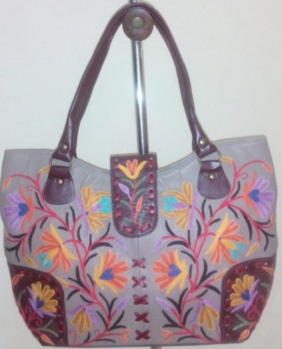 Leather Handbag with Embroidery from Kashmir