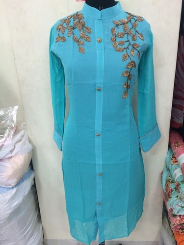 Fancy Kurti - Georgette, Knee Length, Light Blue | Elegant Design, Floral Embroidery, Comfortable Fit, Mandarin Collar, Long Sleeves