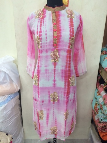 Fancy Kurti - Cotton, 44 Inches, Pink | Floral Embroidery, Mandarin Collar, 3/4 Sleeves, Comfortable Fit
