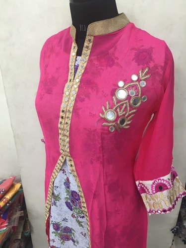 Designer Kurti - Georgette, Knee Length, Pink | Mirror-Work Embroidery, Stylish Design, Comfortable Fit
