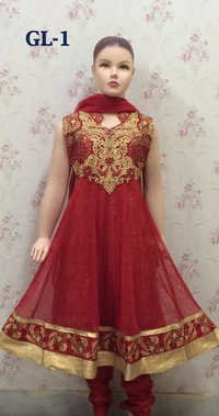 Girls Anarkali Suit - Net Fabric, Multiple Sizes, Red With Gold Embroidery | Sleeveless V-neck Design For Special Occasions