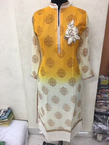 Designer Kurti - Georgette, 44 Inches, Yellow | Floral Embroidery, Full Sleeve, Mandarin Collar, Stylish Fit