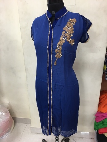 Party Wear Designer - Georgette, 54 Inches, Blue, Front Button Closure | Elegant Design, Intricate Beads and Zari Embroidery, Mandarin Collar, Half Sleeves