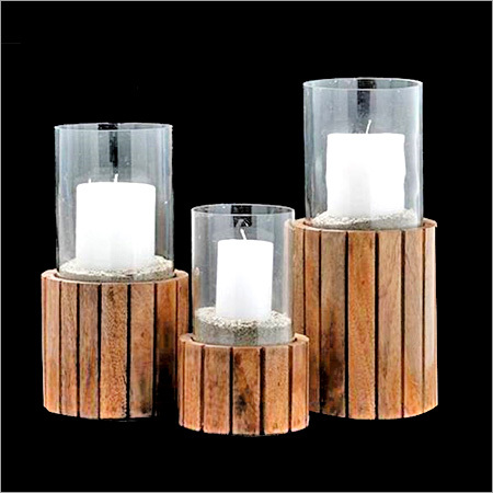 Wood Stripped Wooden Hurricane Candle Stand