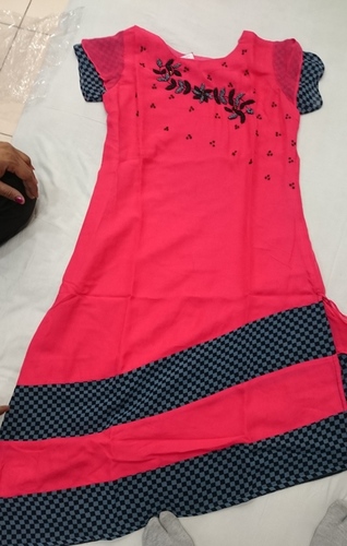 Fancy Kurti - Cotton, 40 Inches, Pink | Floral Embroidery, Short Sleeve, Comfortable Fit, Stylish Design