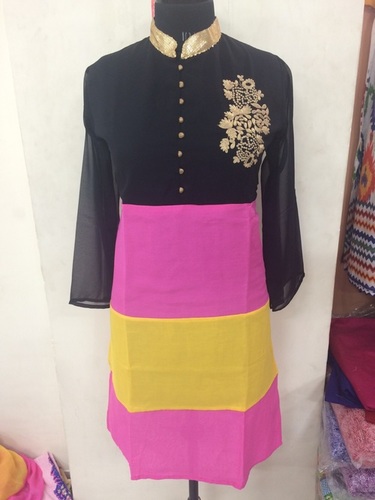 Designer Kurti - Georgette Cotton, Knee Length, Black, Mandarin Neck | Floral Embroidery, Long Sleeve, Stylish Fit
