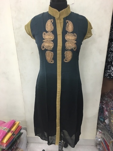 Fancy Kurti - Georgette, Multiple Sizes, Dark Blue | Paisley Embroidery, Mandarin Collar, Cap Sleeves, Knee-Length