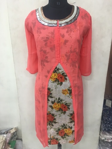 Fancy Kurti - Georgette, Knee-Length, Peach, Three-Quarter Sleeve | Stylish Design, Comfortable Fabric, Elegant Look, Perfect Fit