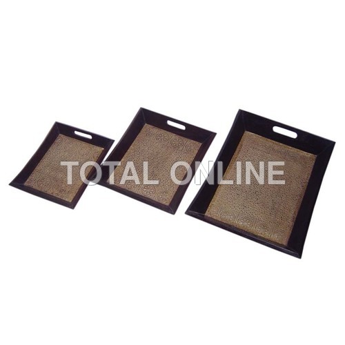Stunning Wooden Trays - Wood & Brass Base, Multiple Sizes, Brown, Polished Finish, Cut-Out Handles