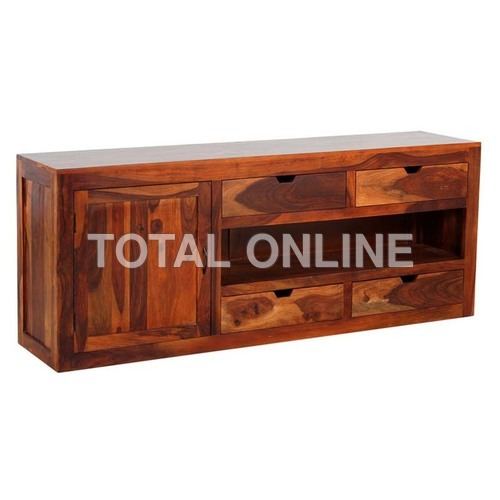 Beautiful Wooden Entertainment Unit - Sheesham Wood, 71x16x28 Inches | One Cabinet, Four Drawers, Open Shelf, Elegant Design
