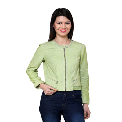 Women's Solid Green Leather Jacket