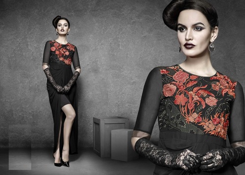 Party Wear Kurti - Georgette Fabric, Black, Knee Length, 3/4 Sleeves | Floral Print, Elegant Design, Comfortable Fit