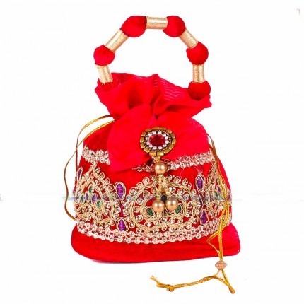 Potli Bag - Velvet Rich Golden Zari with Bow