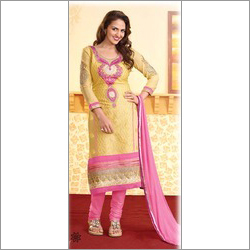 Peach And Pink Yellow Cotton Straight Designer Salwar Suit