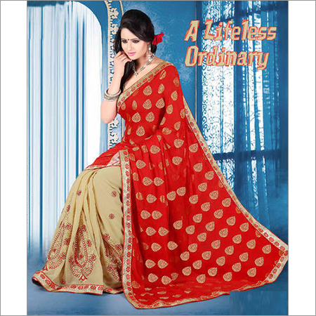 Blissta Red Exclusive Designer Traditional Wear Saree - Georgette & Brasso Fabric, 5.50 Mts Length, Beige & Red Color | Lightweight, Embroidered Design, Perfect for Parties & Weddings