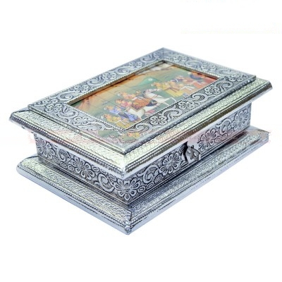 Oxidised Photo Box - Wooden Metal Finish, 7x5x2.5 Inch Silver, Handcrafted Wedding Jewellery Storage