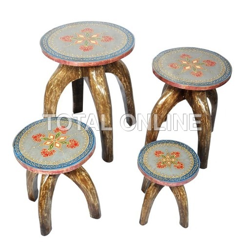 Astonishing Wooden Handpainted Round Leg Stool - Multi-Size Wood, Brown, Unique Design, Durable, Home Decor