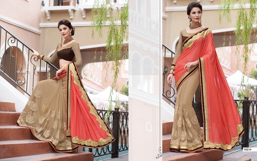 Designer Party Sarees - Chiffon, 5.5 Meters, Beige, Free Size | Embroidered Work, Elegant Design, Comfortable Fit, Stylish Drape
