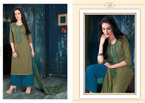 MCM NAFEESA - Pure Cotton 2.5+2+2.25 Meter Olive Green, Print Work, Chiffon Dupatta, Color-Fast, Soft Fabric