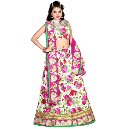 Occeanus Pink Bhagalpuri Silk Lehenga Choli - Floor-Length, A-Line | Floral Embroidery, Stone Work, Smooth Finish, Comfortable Fit