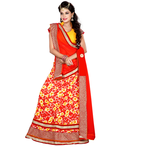 Occeanus Bhagalpuri Silk Lehenga Choli - Red and Yellow, Floor Length | Stone and Thread Work, A-line, Skin Friendly, Wedding Wear