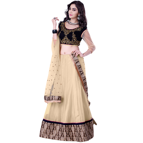 Occeanus Beige Net Designer Lehenga Choli
