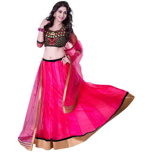 Occeanus Pink Net Designer Lehenga Choli - Velvet Blouse, Satin Choli, Free Size | Printed Embroidery, Party Wear, Comfortable Fit
