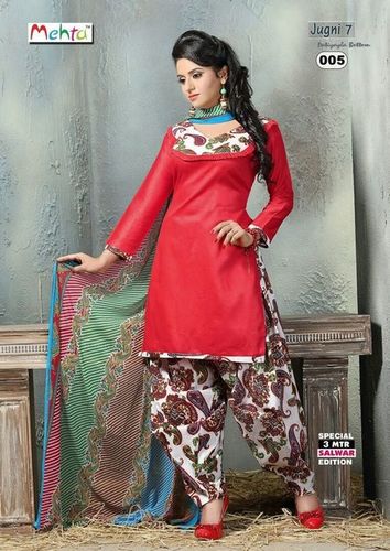 MEHTA JUGNI PATIYALA VOL-7 - Pure Cotton, 2.5+2+2.25 Meter, Red | Chiffon Dupatta, Print Work, Soft Fabric, Color Fast