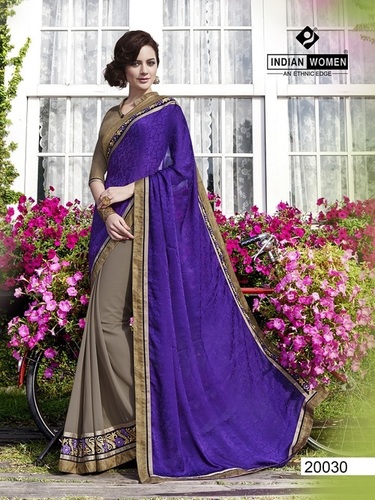 Saree - Georgette 5.5m Purple, Half-and-Half Design | Shrink Resistant, Soft Texture, Unique Patterns